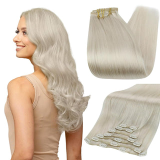 Full Shine Clip in Extensions 100% Remy Human Hair 7 Pieces White Blonde (#1000)-Clip In Extensions-Full Shine