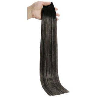 Full Shine Flat Silk Weft Virgin PU Sew In Human Hair Extensions Balayage Highlights (#1B/Silver/1B)-Virgin Pu Hair Weft-Full Shine