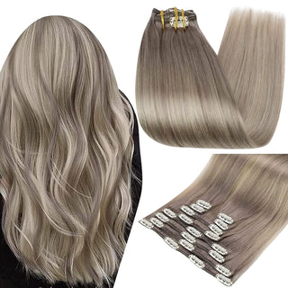 Full Shine Clip in Extensions 100% Remy Human Hair 7 Pieces Highlights (#19/8/60)-Clip In Extensions-Full Shine