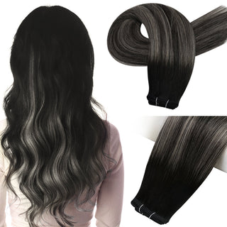 Full Shine Flat Silk Weft Virgin PU Sew In Human Hair Extensions Balayage Highlights (#1B/Silver/1B)-Virgin Pu Hair Weft-Full Shine