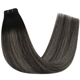 Full Shine Flat Silk Weft Virgin PU Sew In Human Hair Extensions Balayage Highlights (#1B/Silver/1B)-Virgin Pu Hair Weft-Full Shine