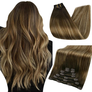 Full Shine Clip in Extensions 100% Remy Human Hair 7 Pieces Balayage Highlights (#2/3/27)-Clip In Extensions-Full Shine