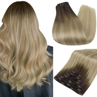 Full Shine Clip in Extensions 100% Remy Human Hair 7 Pieces Balayage Highlights (#2/6/18)-Clip In Extensions-Full Shine