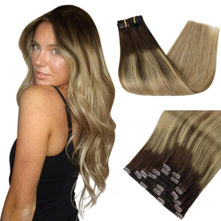 Full Shine Clip in Extensions 100% Remy Human Hair 7 Pieces Balayage (#2/8/27)-Clip In Extensions-Full Shine