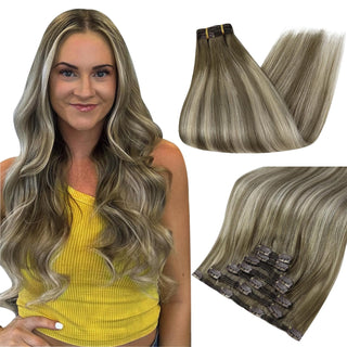 Full Shine Clip in Extensions 100% Remy Human Hair 7 Pieces Balayage Highlights (#7/800/7)-Clip In Extensions-Full Shine