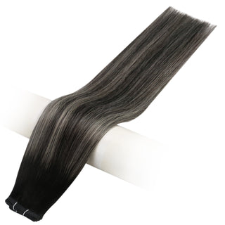 Full Shine Flat Silk Weft Virgin PU Sew In Human Hair Extensions Balayage Highlights (#1B/Silver/1B)-Virgin Pu Hair Weft-Full Shine