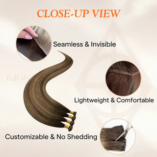 Full Shine Virgin Human Hair Genius Weft Extensions, Balayage Brown with Blonde Highlights, Hybrid Weft Hair Extensions, Sew-In Weft Bundles, Natural Hair Weft Extensions, Soft Silky Straight Hair, Salon-Quality Hair Weft,