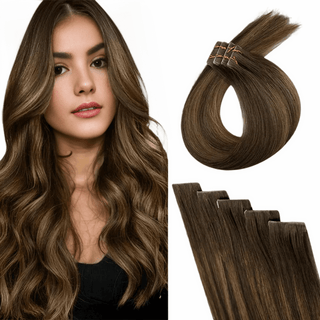 Full Shine Best Seamless Invisible Tape in Extensions Virgin Human Hair Balayage Brown (#DU)-Seamless Injection Tape in extension-Full Shine