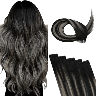 Full Shine Virgin Hair Invisible Tape in Extensions Human Hair Balayage Highlights (#1B/Silver/1B )-Seamless Injection Tape in extension-Full Shine