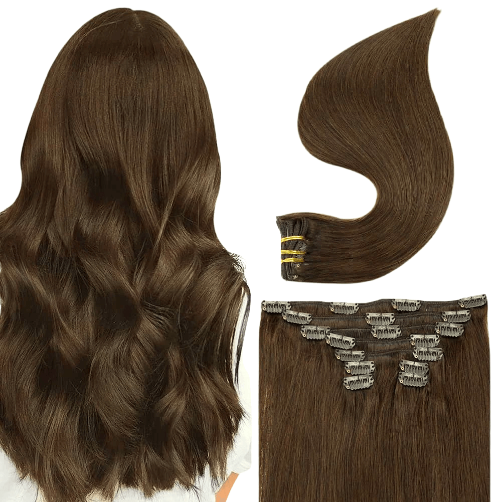 Clip in Extensions 100% Remy Human Hair 7 Pieces Dark Brown (#4) – Full ...