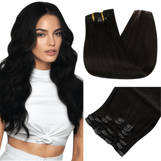 Full Shine Clip in Extensions 100% Remy Human Hair 7 Pieces Off Black (#1B)-Clip In Extensions-Full Shine